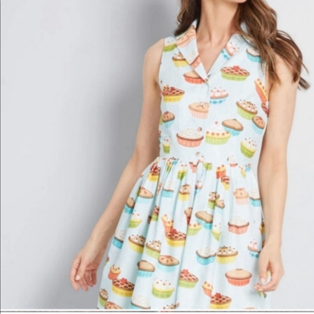 Modcloth Yum and Done pie print sleeveless shirt style fit and flare dress